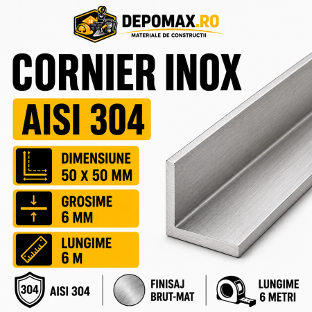 Cornier inox AISI 304, 50 x 50 x 6 mm, 6 metri